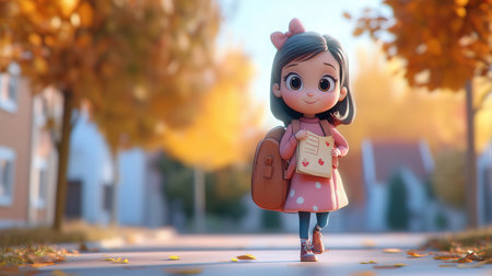 3d rendering of a little girl with a backpack in the autumn parkの素材