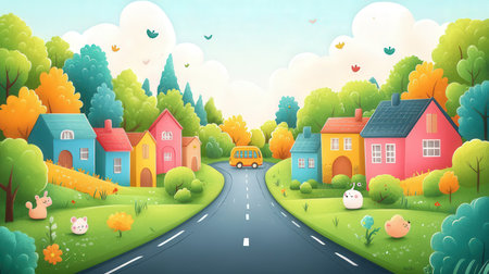 Cartoon town landscape with road, houses and trees. Vector illustrationの素材