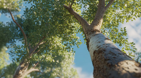 Trees with green leaves against the blue sky, close up viewの素材