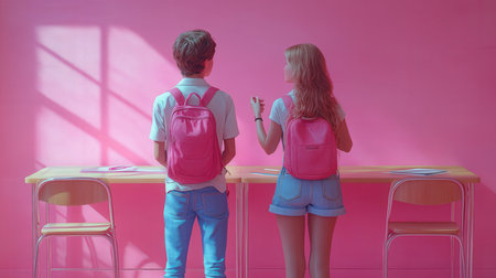 back view of schoolboy and schoolgirl standing near desk and talking in classroomの素材
