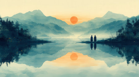 Digital painting of a man and woman standing on the shore of a lake.の素材