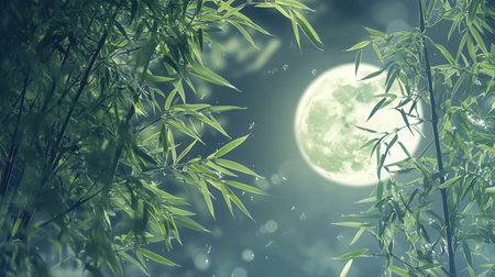 Bamboo forest at night with full moon. Bamboo forest backgroundの素材