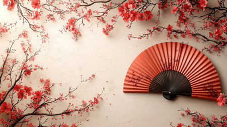 Chinese New Year red paper fan and cherry blossom on white backgroundの素材