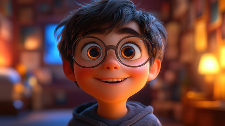 Portrait of a cute little boy with glasses. 3d renderingの素材