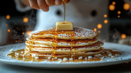Woman pouring maple syrup on a stack of pancakes with honey and butterの素材