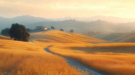 Beautiful landscape of Tuscany in Italy. Sunrise over the hillsの素材