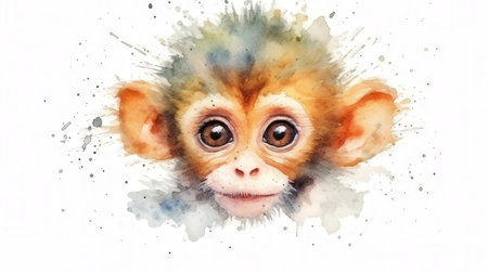 Watercolor portrait of a cute monkey with splashes on a white backgroundの素材