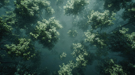 Trees and fog in the forest. Beautiful nature background. Aerial viewの素材