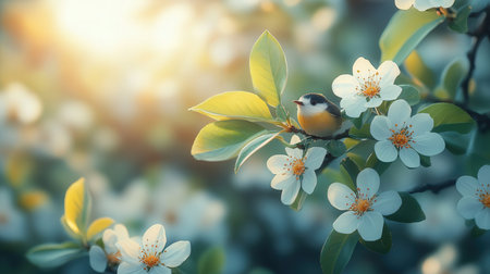Little bird sitting on a branch of a blossoming tree. Spring background.の素材