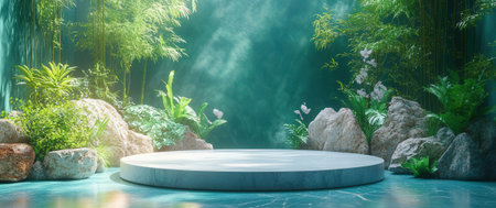 3D rendering of a round podium in a green tropical garden.の素材