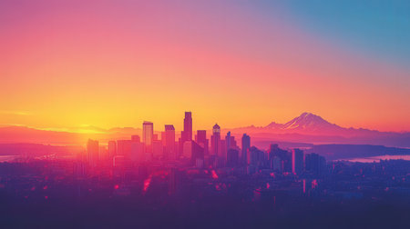 Mt Fuji and San Francisco city skyline at sunrise, California, USA.の素材