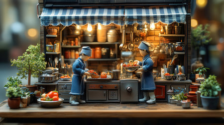 Miniature people: Chef and cook in the kitchen at restaurant.の素材