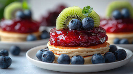 Pancakes with berry jam and fresh berries, selective focusの素材