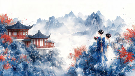 Chinese woman in traditional chinese dress with pagoda and mountain landscapeの素材