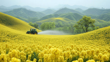 Tractor spraying pesticides on rape field in spring, South Korea.の素材