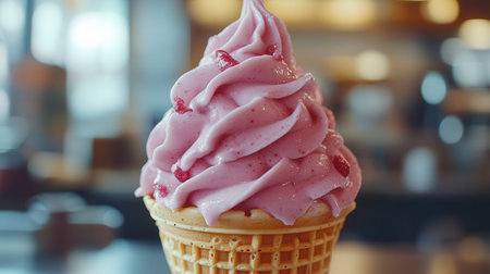 Pink ice cream in waffle cone on blurred background, closeupの素材