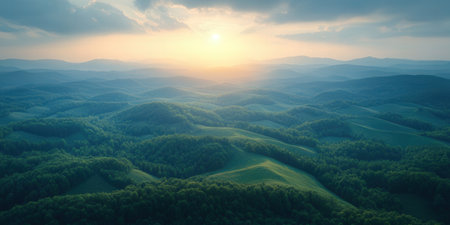 Beautiful sunset in the mountains. Panoramic aerial view.の素材