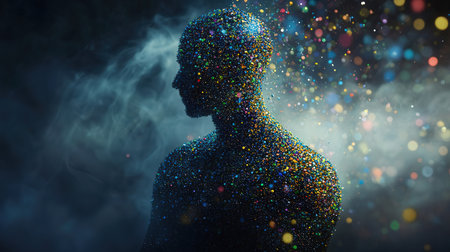Digital composite of Silhouette of a man with colorful lights and smokeの素材