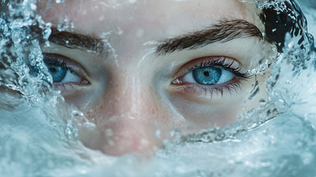 Close-up portrait of beautiful young woman with blue eyes in waterの素材