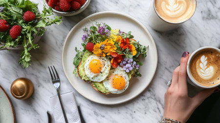Delicious breakfast with fried eggs, avocado and flowers table, top viewの素材