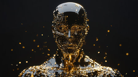 3d illustration of a metallic mannequin made of golden particlesの素材