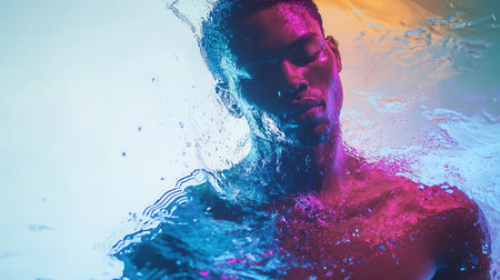 Portrait of a young african american man in water.の素材
