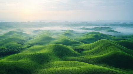 Landscape of green hills and fog in the morning at sunrise.の素材