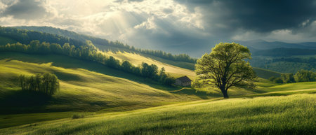Beautiful summer landscape with green meadow and trees in the mountainsの素材