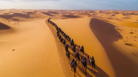 Camel caravan in the Sahara desert, Merzouga, Moroccoの素材