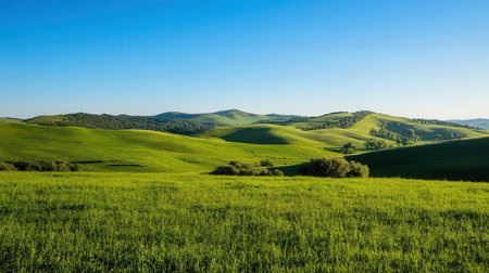 Landscape of green hills and blue sky in Tuscany, Italyの素材