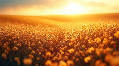Sunset over a field of yellow flowers. Beautiful nature background.の素材