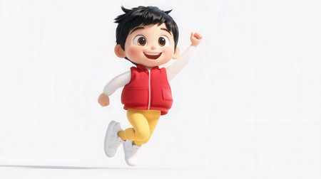3d illustration of a cute little boy jumping on white background.の素材