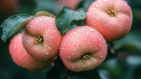 Red ripe apples on apple tree branch with water drops, close upの素材