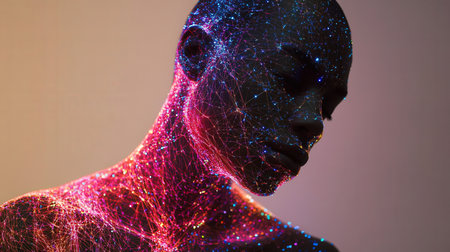 Futuristic portrait of a futuristic mannequin in neon lightの素材