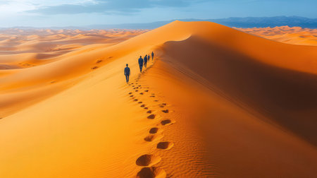 People walking on sand dunes in Sahara desert, Morocco, Africaの素材