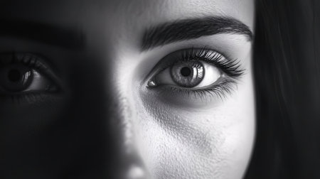 Close-up of a beautiful young woman's eyes. Black and white photo.の素材