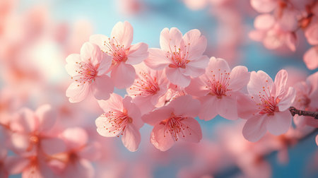 Cherry blossom sakura in spring time on blue sky backgroundの素材