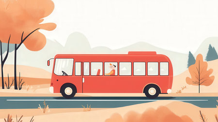 Autumn landscape with a bus. Vector illustration in flat style.の素材