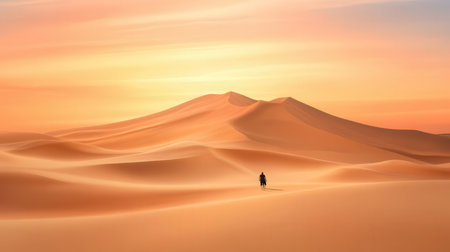 Silhouette of a man walking on sand dunes at sunsetの素材