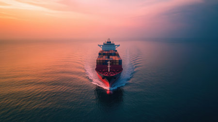 Container Cargo ship with working crane bridge in the sea at sunset.の素材