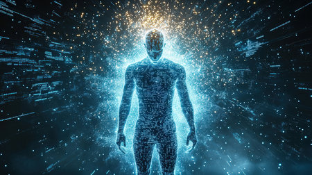 Digital cyberspace concept with human body made of binary code 3D renderingの素材