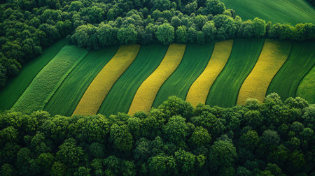 Aerial view of green fields and forest. Beautiful summer landscape.の素材
