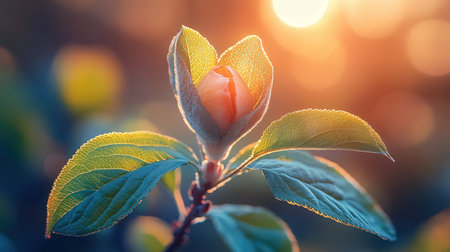 Branch of a blossoming pear tree in the rays of the setting sunの素材