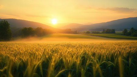 Sunset over wheat field with mountains in the background. Beautiful landscape.の素材