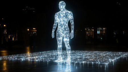 3D Illustration of a holographic figure of a human bodyの素材