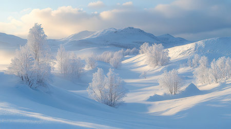 Beautiful winter landscape with snow covered trees and mountains in the backgroundの素材