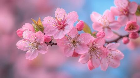 Beautiful pink cherry blossoms on blurred background, close-upの素材