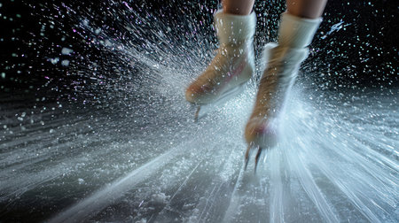 Close-up of female figure skater legs skating on ice.の素材