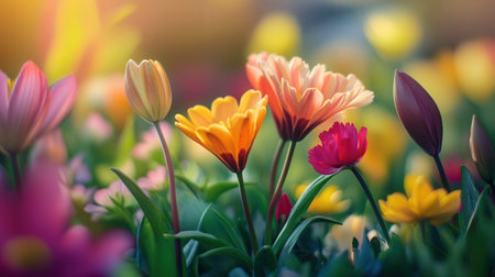 Colorful tulip flowers blooming in the garden with sunlight.の素材