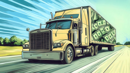 Truck with money on the road. Illustration in vector formatの素材